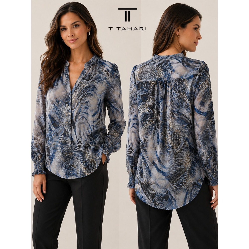 T Tahari Women Blue Reptile Animal Print Ruffle Neck Blouse Flowy Size Large